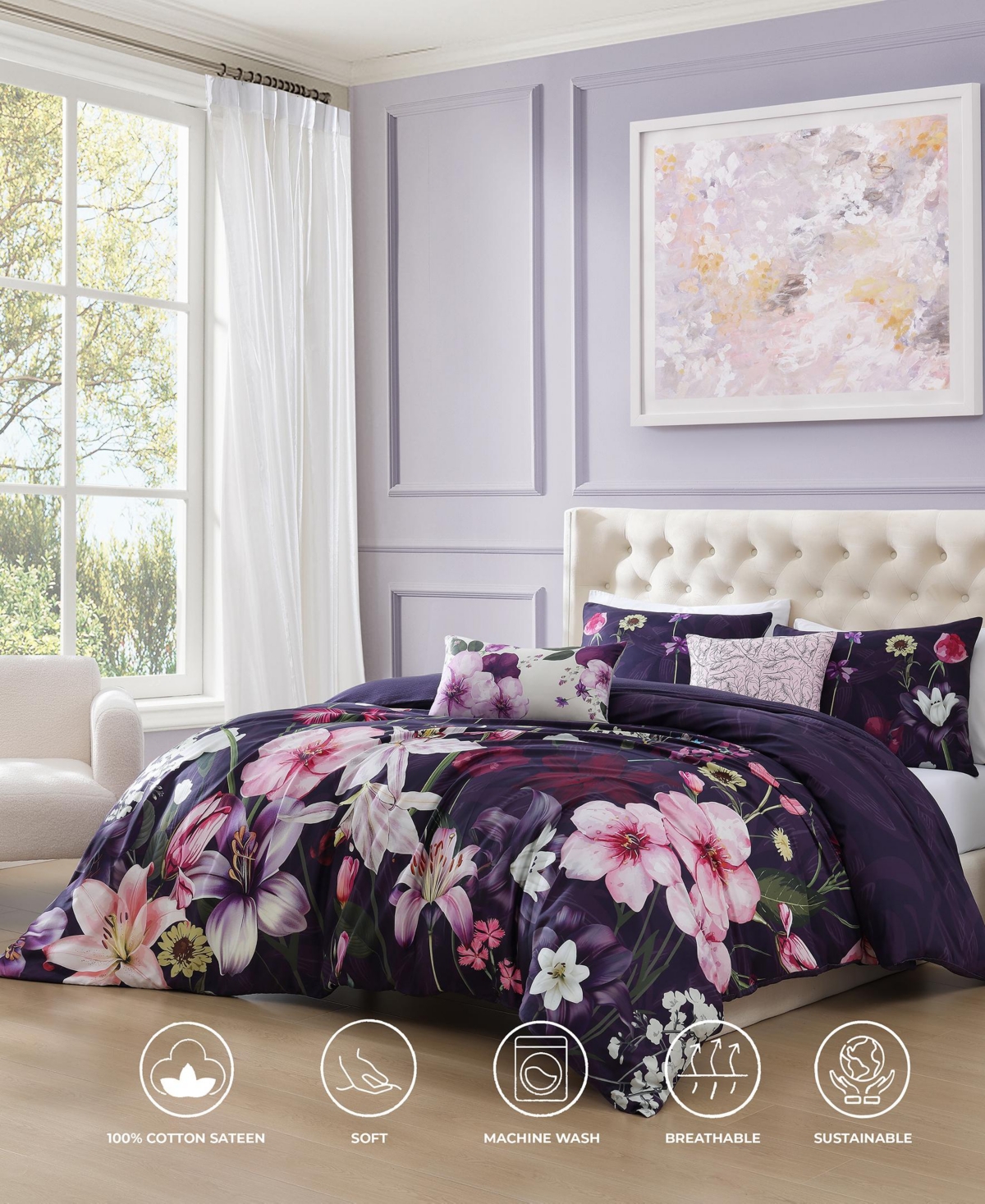 Bebejan Morning Glory Bedding 100% Cotton Sateen 5 Piece Queen Size Reversible Comforter Set