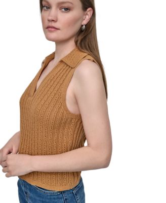 Women's Lacey Stitch Collared Sleeveless Sweater