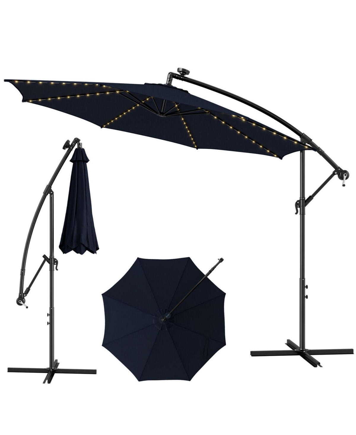 10 Feet Patio Offset Umbrella with 112 Solar-Powered Led Lights-Beige-Navy - Navy