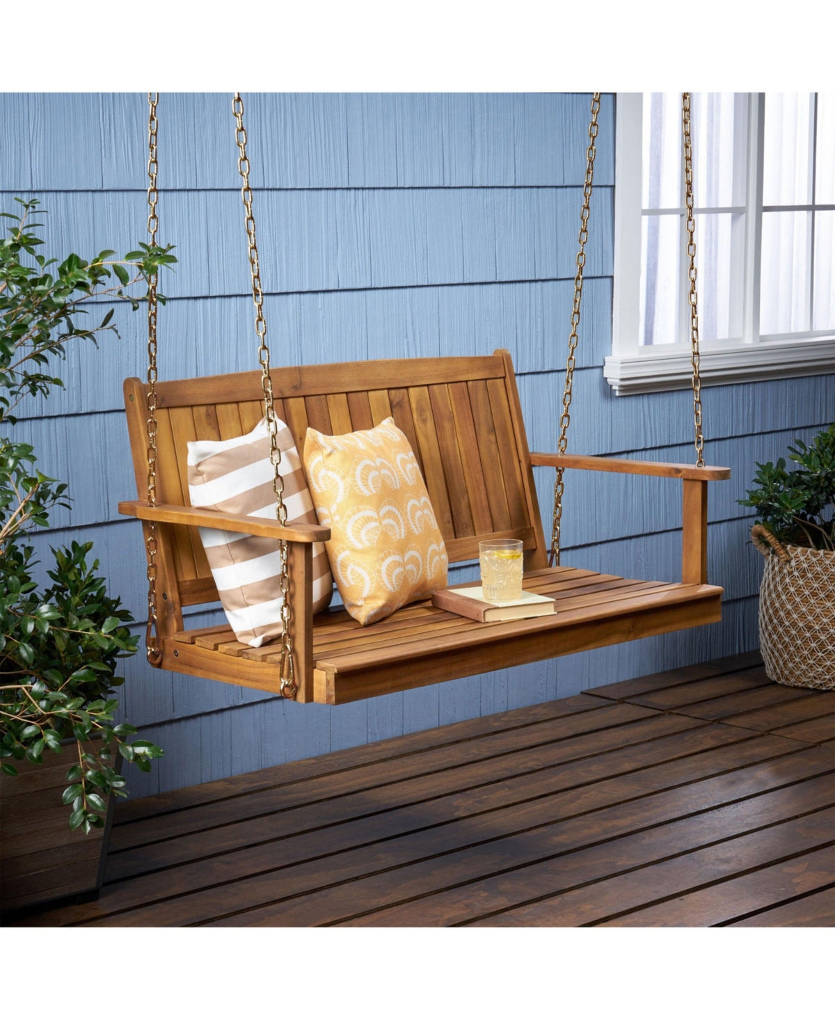 8.25 in. Outdoor Acacia Wood Porch Swing with 8 Feet Chains