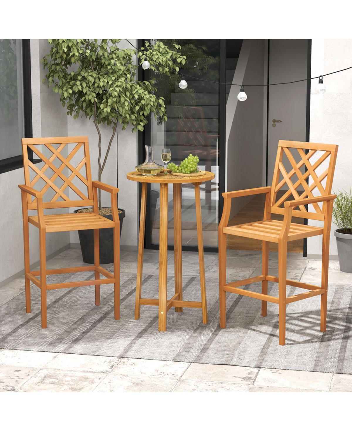 Patio Teak Wood Bar Stool Outdoor Counter Height Chair with Ergonomic Backrest