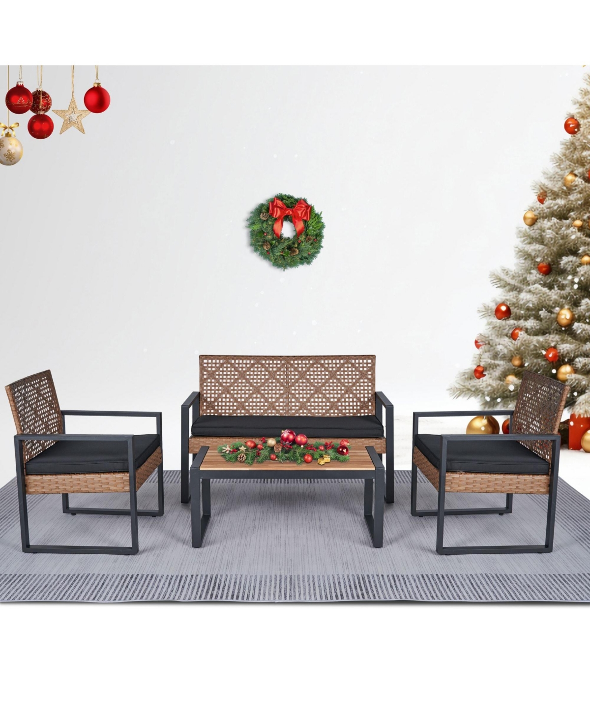 4-Piece Patio Furniture Set Outdoor Balcony Porch Garden Backyard Lawn Furniture Acacia Wood Table Top