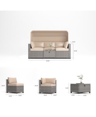 6 Pieces Patio Furniture Sets, Outdoor Rattan Daybed with Retractable Canopy, Outdoor Sectional Sofa Set with Adjustable Backrest, Chaise Chair Sunbed