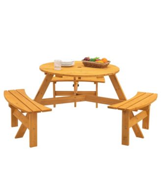 6-Person Natural Circular Wood Outdoor Picnic Table Seats 6 People with 3 Built-in Benches and Umbrella Hole