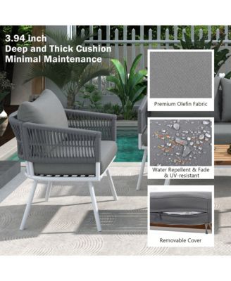 Patio Conversation 4-Piece Boho Rope Patio Furniture Set with Deep Seating and Thick Cushion, Outdoor Furniture with Acacia Wood Table