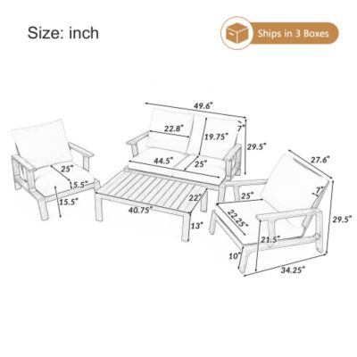 4 Person Outdoor Sofa Set Patio Seating Group with Cushions Coffee Table Teak Finish White Cushion