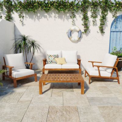 4 Person Outdoor Sofa Set Patio Seating Group with Cushions Coffee Table Teak Finish White Cushion