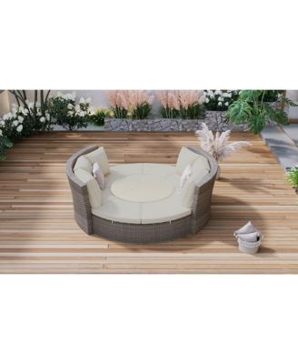 5-Piece Round Rattan Sectional Sofa Set All-Weather PE Wicker Sunbed Daybed with Round Liftable Table and Washable Cushions