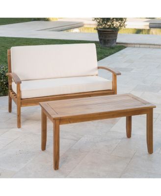 2 Pieces Acacia Wood Outdoor Loveseat with Coffee Table and Beige Cushions for Patio Backyard