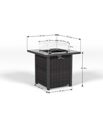 28 in. Propane Fire Pit Table, Rattan and Wicker,50000 BTU, Glass Windscreen Protector