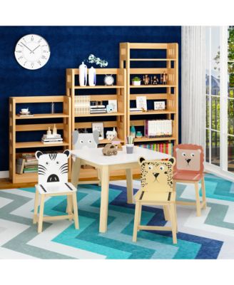 5 Piece Kiddy Table and Chair Set , Kids Wood Table with 4 Chairs Set Cartoon Animals