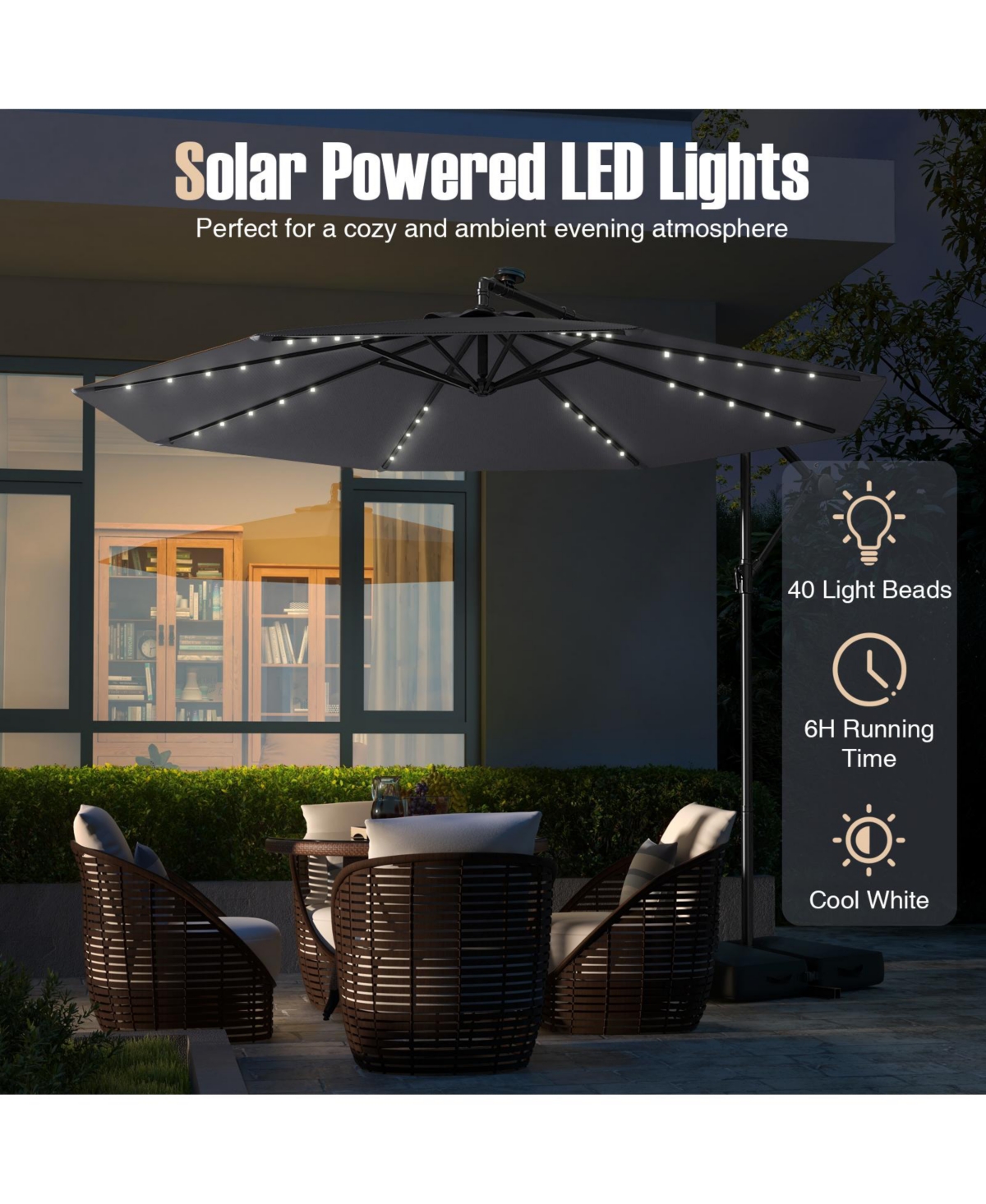 10 Ft Patio Umbrella Offset Cantilever Umbrella with 40 Solar Powered Lights