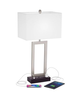 Todd 30" Tall Modern End Table Lamps Set of 2 USB Port AC Power Outlet Silver Brushed Nickel Finish Metal Charging