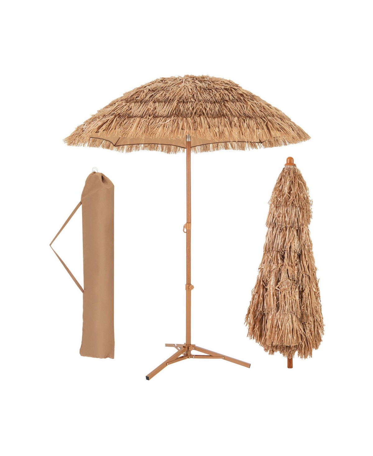 6.5 Feet Thatched Tiki Umbrella with Foldable Stand Push Button Tilt-Natural - Natural