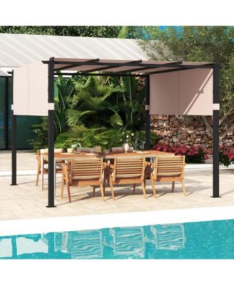 10 x 10 ft Flat Top Pergola with Retractable Canopy for Garden Pool Porch and Backyard-Beige