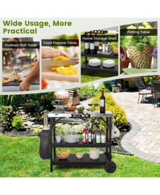 3 Tiers Foldable Outdoor Cart on 2 Wheels with Phone Holder