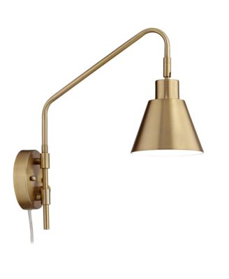  Set of 2 Brass Plug-in Light Fixture Tapered Metal Shade Marybel Modern Swing Arm Wall Lamps