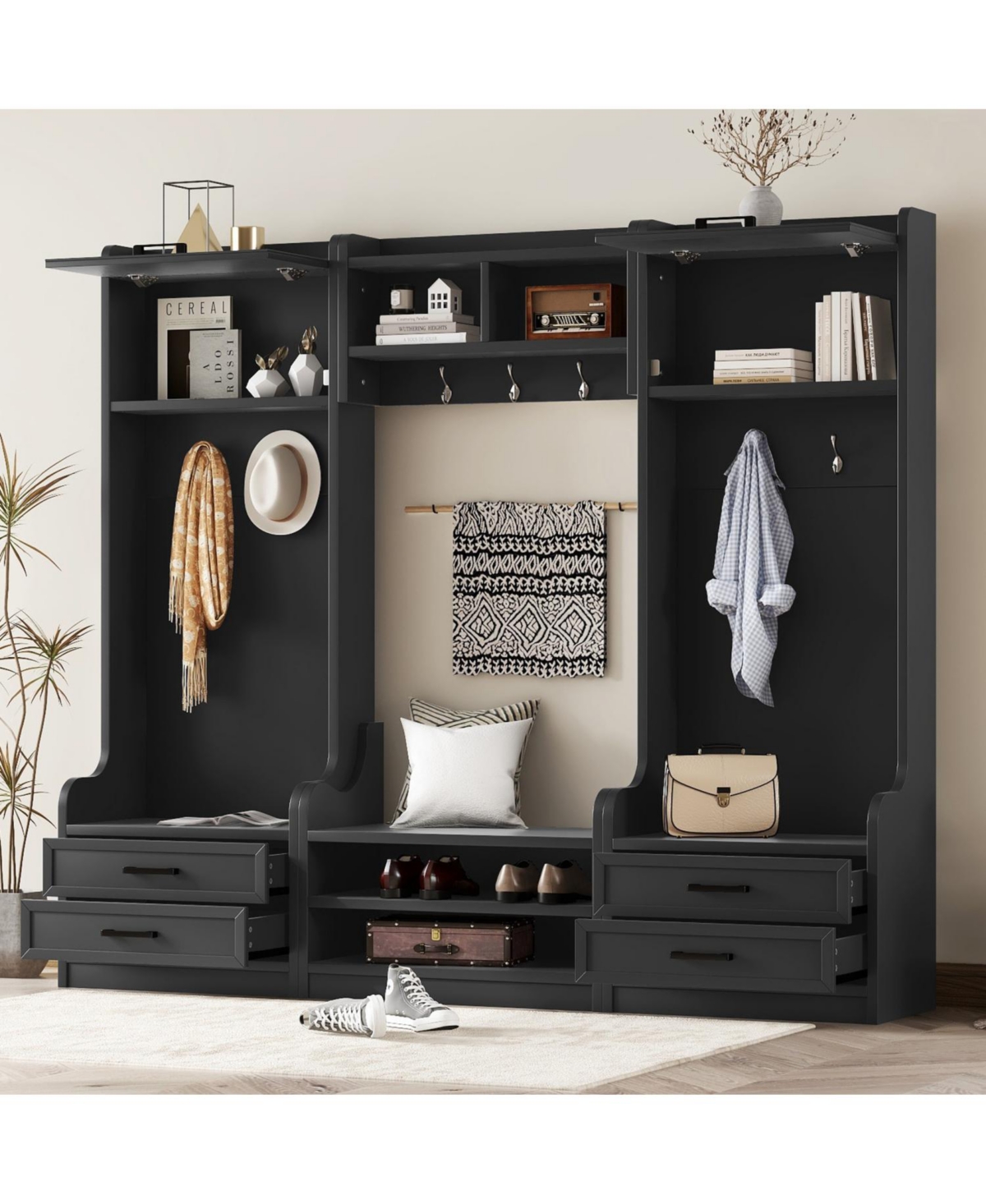 4-in-1 Hall Tree: Coat Rack, Bench, Storage, & Hooks - Black - Black