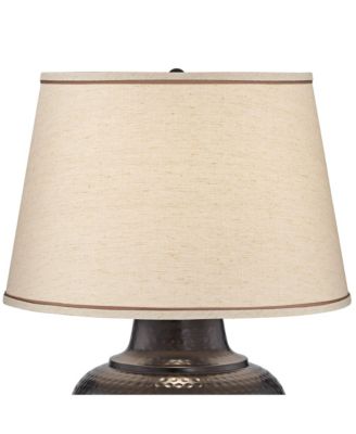 Brighton Rustic Traditional Farmhouse Table Lamps 27.25" Tall Set of 2 Hammered Bronze Metal Pot Beige Fabric Drum Shade for Living Room Bedroom House Bedside Nightstand Home - Barnes and Ivy