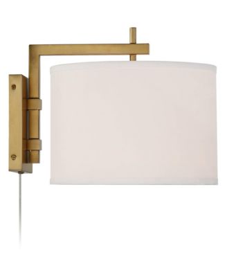Adair Modern Wall Lamps Set of 2 Warm Brass Metal Plug-in 12" Light Fixture Linen Drum Shade for Bedroom Reading Living Room Hallway Home