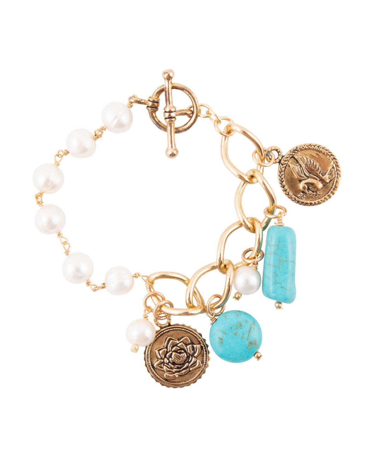 Genuine Turquoise Magnesite and White Cultivated Pearl Multi Charm Bracelet - Genuine Magnesite, Pearl