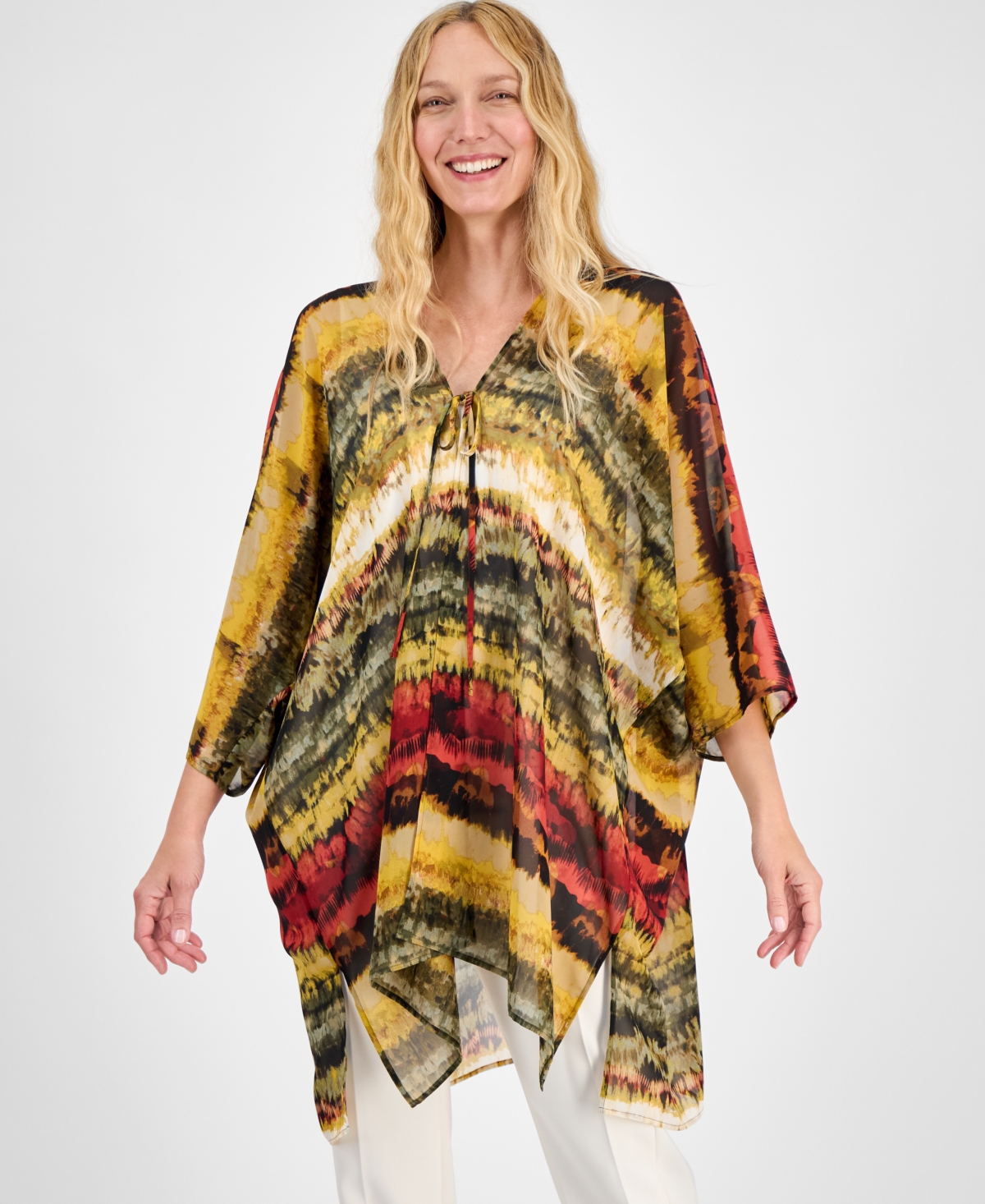 Women's Tie-Dyed Tie-Neck Kimono - Olive Palm Multi