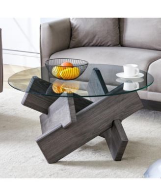 Streamdale Round Coffee Table – 1 Pc, Tempered Glass & MDF, 33.4" Diameter, Grey Patterned Legs, Modern Living Room Furniture