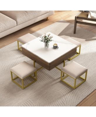 Modern Square Lift-Top Coffee Table Set with Storage & 4 Ottomans
