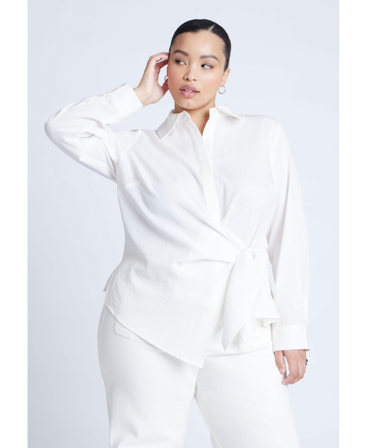 Plus Size Hip Tie Collared Shirt - Black onyx
