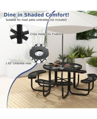 45 Inches Outdoor Round Picnic Table and Bench Set for 8 with Umbrella Hole-Black