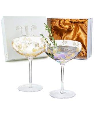 Vintage Floral-Etched Champagne Coupe Glasses, Set of 2