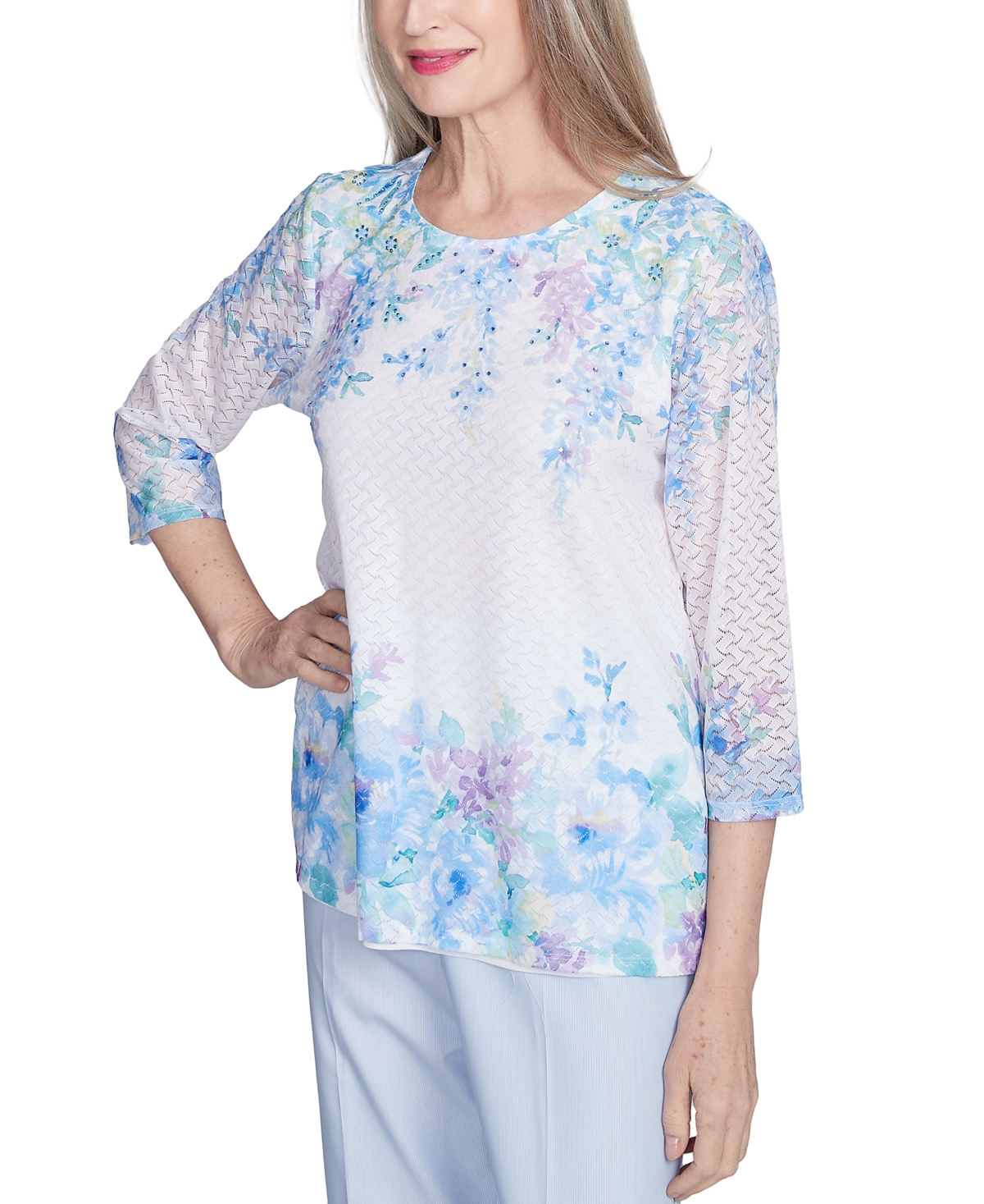 Alfred Dunner Plus Size St. Thomas Textured Sky Blue Floral Border Top In Multi