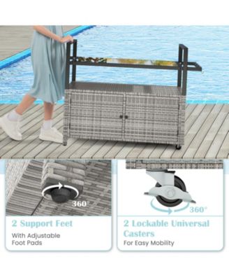 Outdoor Bar Cart Wicker Buffet Serving Cart with Cabinet and 8 Hooks-Gray