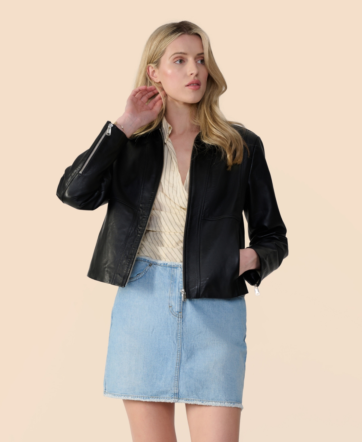 Women's Genuine Leather Belted Biker Jacket,Nappa Brown - Brown