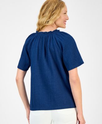 売れ筋商品|||スタイルアンドコー カットソー トップス レディース Petite Ruffle-Trim Cotton Top, Exclusively at Macy's True Indigo Style & Co Petite Ruffle-Trim Cotton Top, Exclusively at