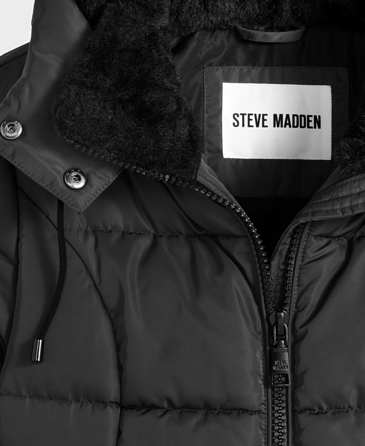 Steve Madden Women's Faux-fur-trim Hooded Utility-pocket Puffer Coat In Black