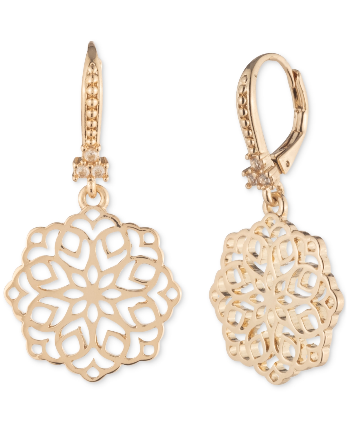 Gold-Tone Pave Filigree Flower Drop Earrings - Gold