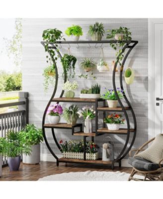 6-Tier Plant Stand, 70.9 Inch Tall Plant Shelf with 10 Hanging Hooks, Vase Shape Ladder Plant Stand, Multi-Purpose Plant Display Rack