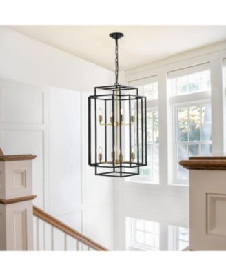 8-Lights Black & Gold Lantern Tiered Pendant Light Fixtures, Industrial Farmhouse Hanging Chandelier (No Bulbs)