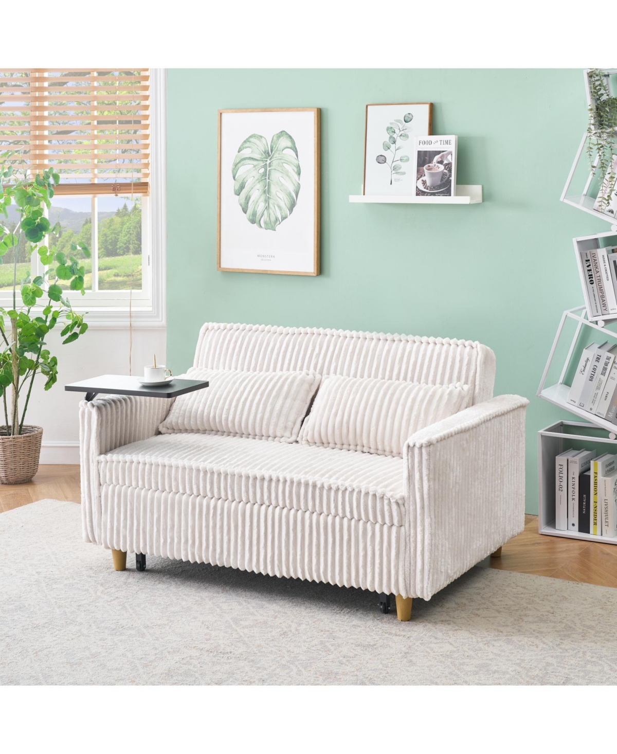 Streamdale Beige Corduroy Pull-Out Sofa with Tabletop and Usb Ports