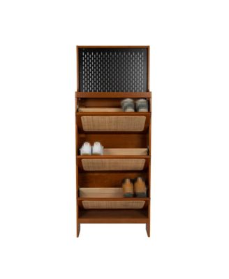 Slim Rattan Shoe Cabinet with Flip-up Storage & Handy Top