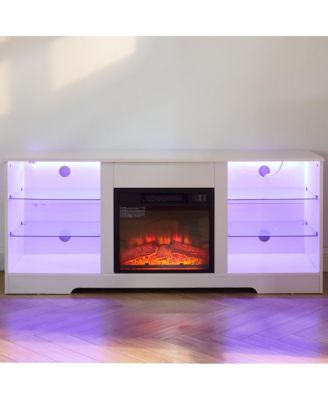 Modern Electric Fireplace TV Stand with Glass Shelves