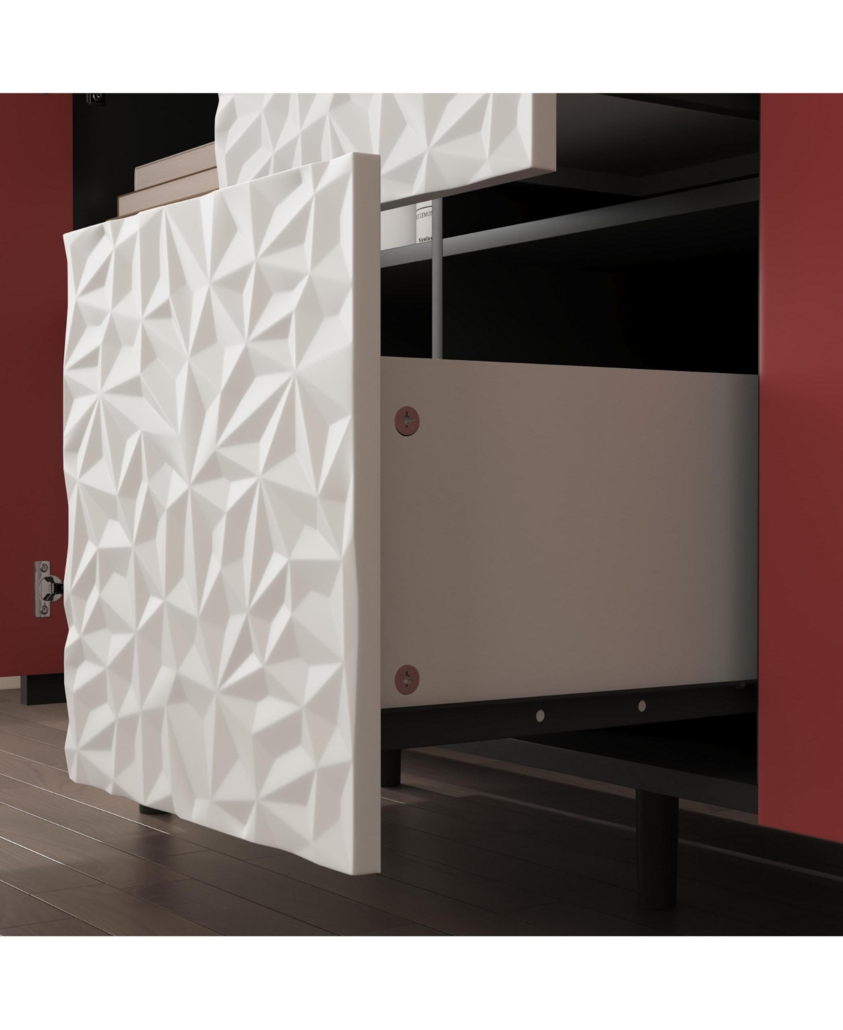 Sideboard Buffet Cabinet, Black Storage Cabinet with Red Doors, 2 Drawers with unique panel styling and 2 Open Storage Compartment, Modern Coffee Bar