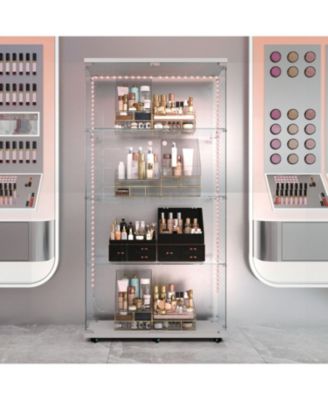 White Tempered Glass wood Cabinet w/ LED, Lock & Wheels