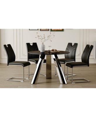 Round Table and 4 Black Chairs with Silver Metal Legs, Sintered Stone Tabletop