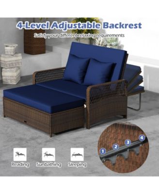 Patio Adjustable Wicker Daybed with 4-Level Backrest and Soft Cushions-Navy
