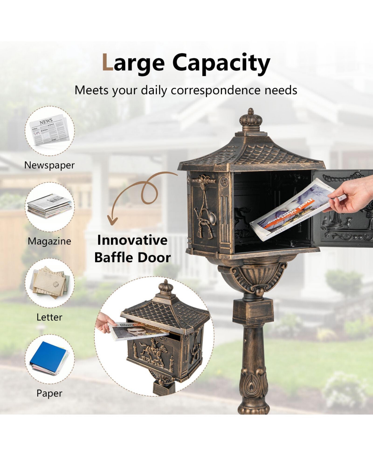 Retro Cast Aluminum Mailbox Security Postal Letter Box with Baffle Door