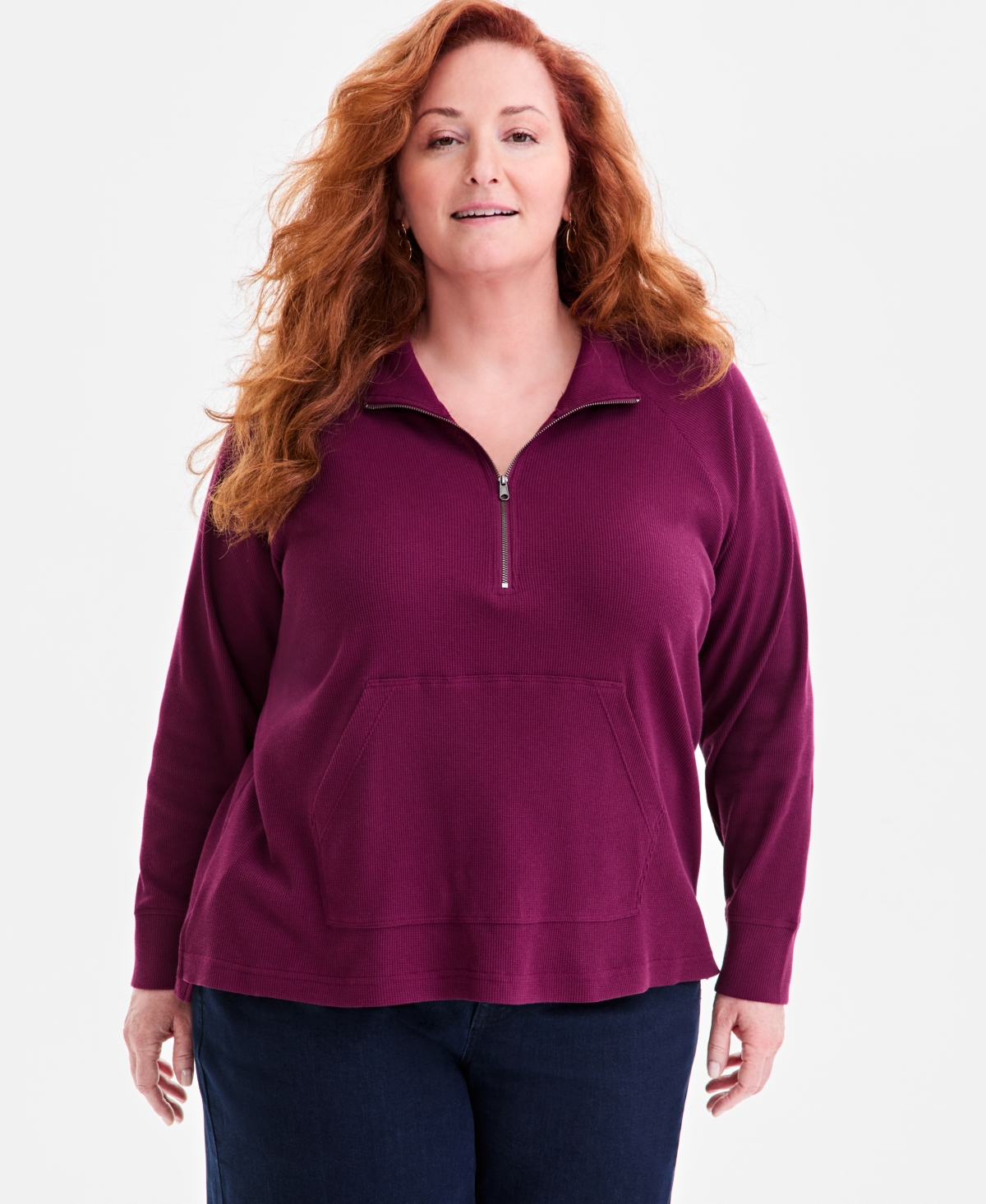 Style & Co Plus Size Waffle-knit Half-zip Top, Macy's Exclusive In Burgundy