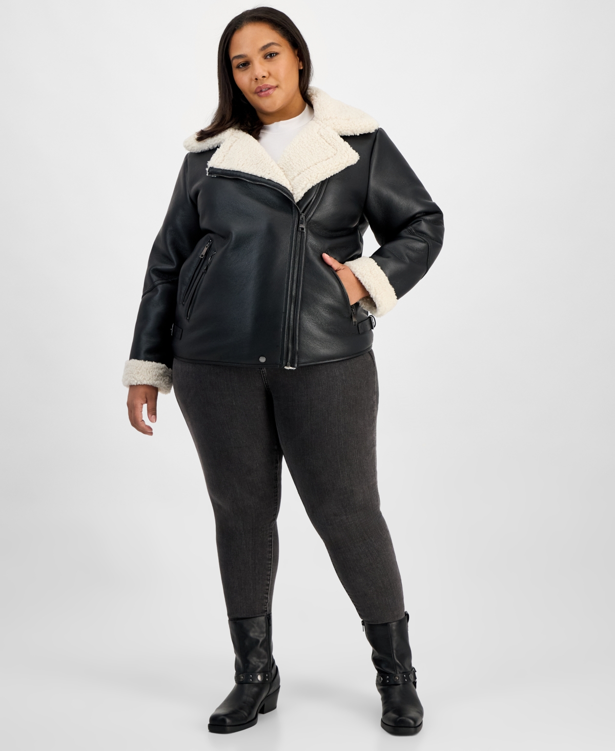 Steve Madden Plus Size Asymmetric Faux-shearling Coat In Black