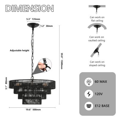 4-Tier Black Hemp Rope Chandelier with 6 Sockets, UL Listed Hardwired Pendant Light